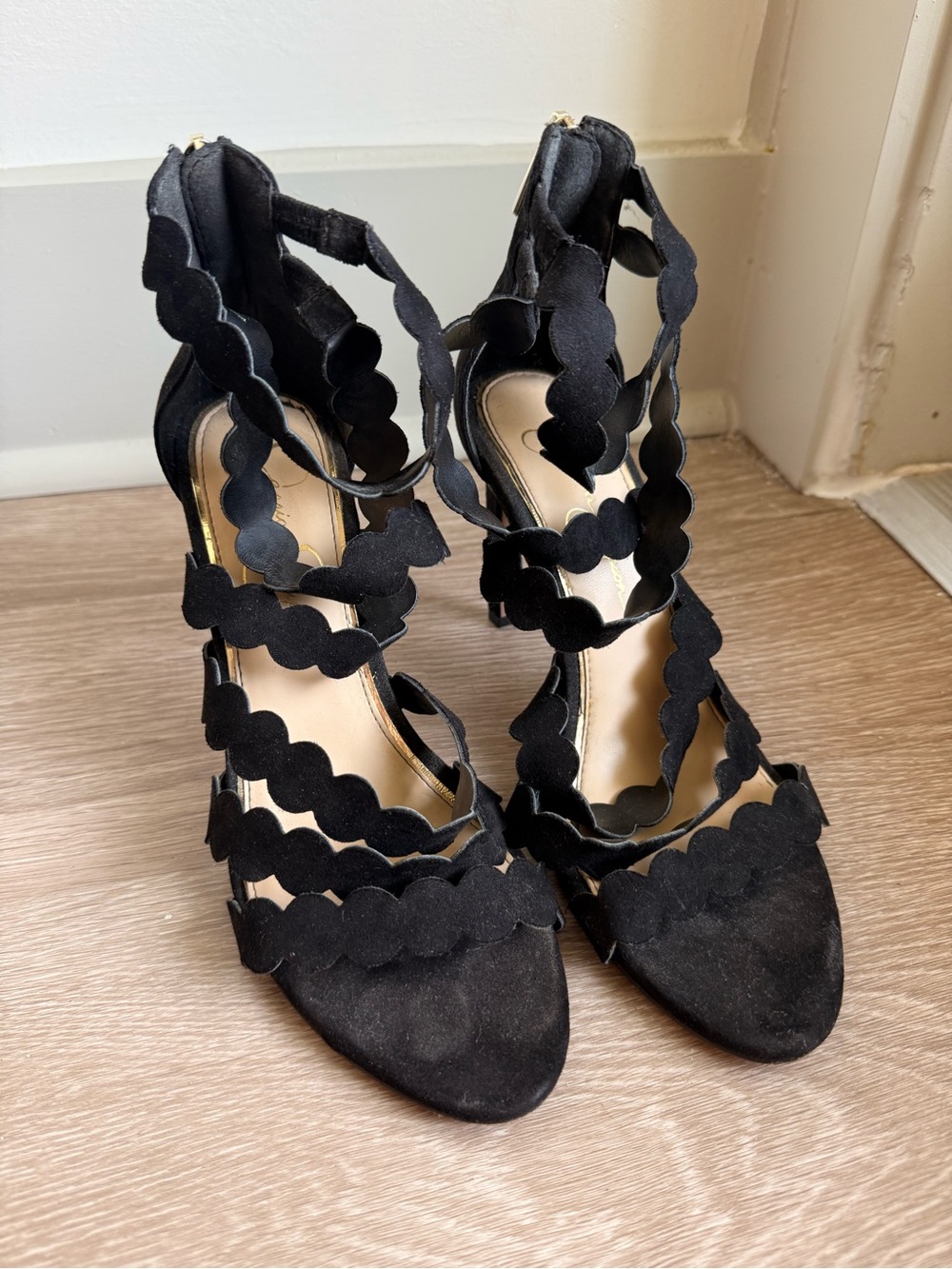 Jessica Simpson Black Scalloped Strappy High Heel Sandals